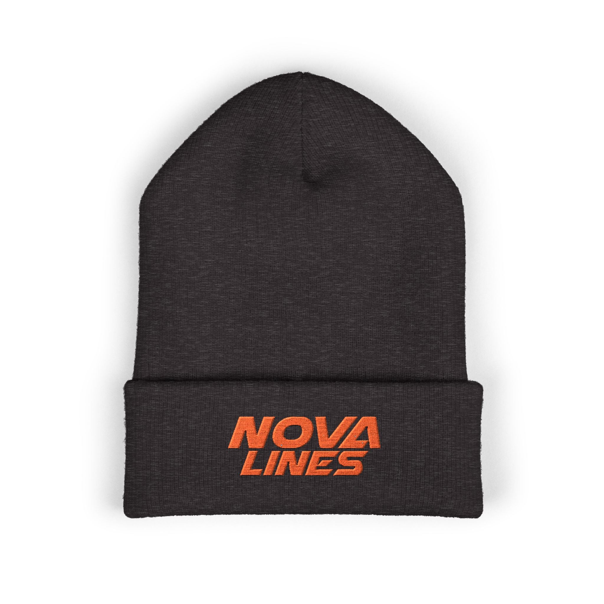 Nova Lines Embroidered Cuffed Beanie — Black Knit Winter Hat