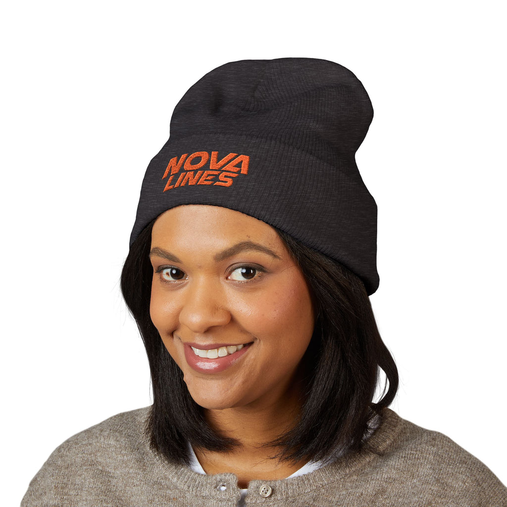 Nova Lines Embroidered Cuffed Beanie — Black Knit Winter Hat