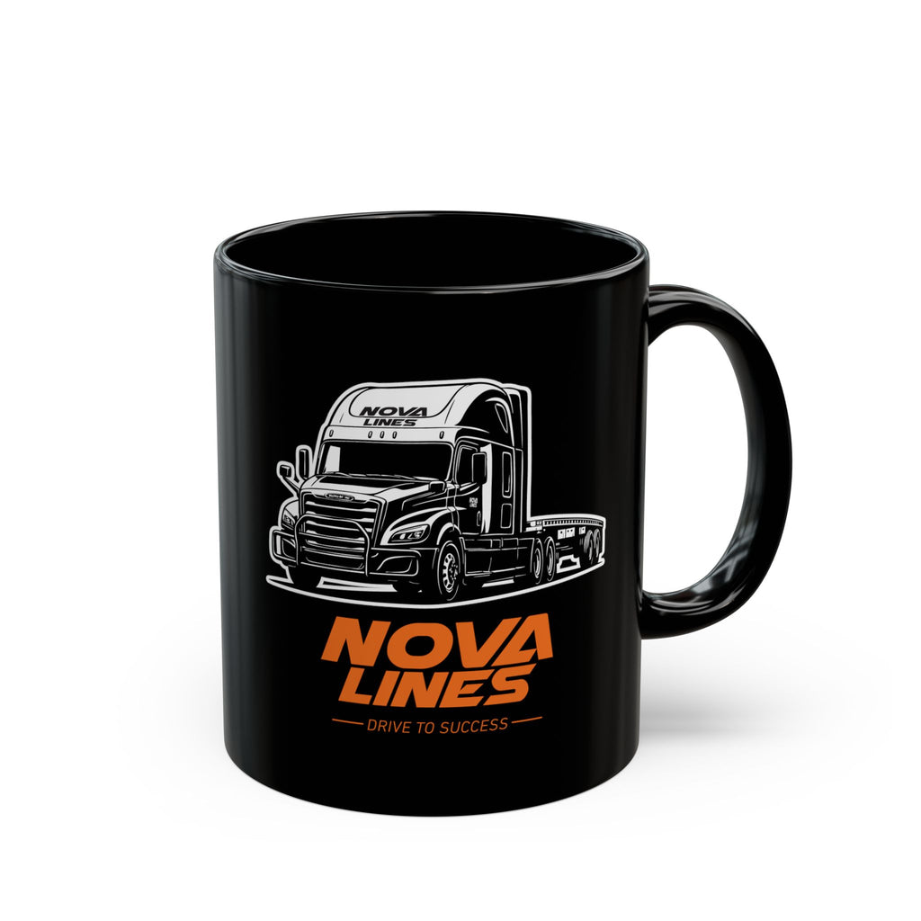 Nova Lines Trucker Mug — Black Ceramic Coffee Cup with Semi Truck Graphic (11oz/15oz)