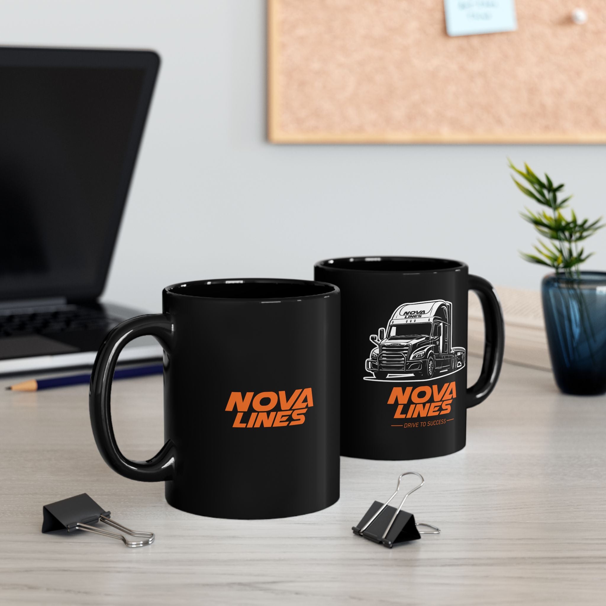 Nova Lines Trucker Mug — Black Ceramic Coffee Cup with Semi Truck Graphic (11oz/15oz)